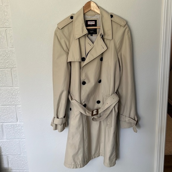 HUNTER LEATHER BUCKLE TRENCH COAT MEDIUM Double Breasted Raincoat Long J… - Picture 3 of 13